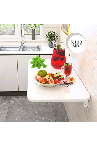 Kydonia Home 60x90 Cm Oval Köşeli Parlak Süt Beyaz Mdf Lam Oval Köşeli Duvara Monte Katlanır Masa