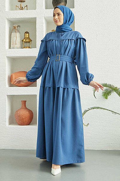Neways 6605-Carla Gathered Belted Dress Indigo