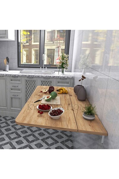 Kydonia Home 60x90 cm Raflı Mdf Ahşap Çam Desenli Oval Köşeli Duvara Monte Kırma Katlanır Mutfak Masası