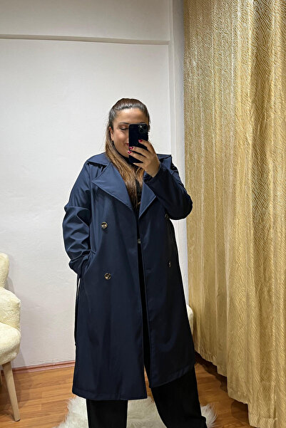 SYMPATHY Kadın Lacivert Su İtici Düğmeli Kemerli Kruvaze Trençkot