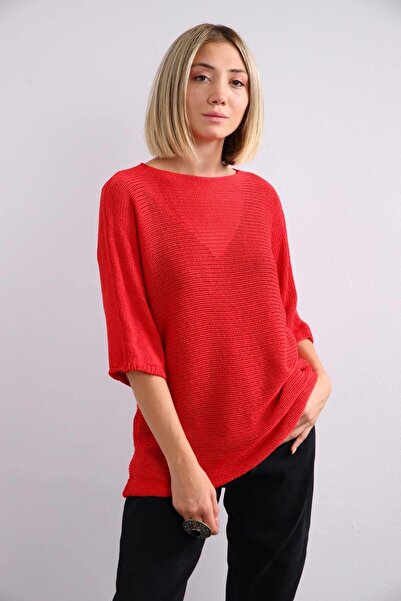 Şaman Butik Kırmızı Kayık Yaka Fakir Kol Merserize
