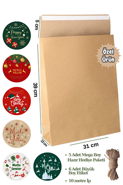 Dekals 3lü set Büyük Boy Dik Duran Yapışkanlı Hediye Paketi + Jut İp-10 mt + Yılbaşı Etiketleri