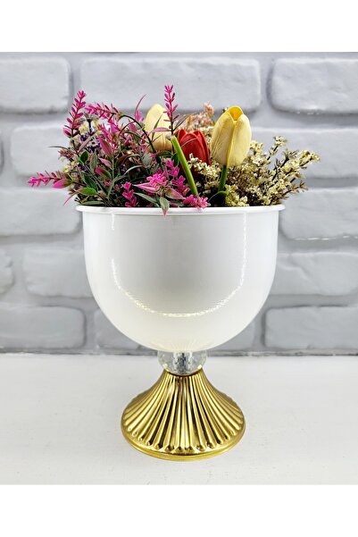 Decodelight Vază decorativă modernă pentru sufragerie, cu picioare aurii, cu piatră de cristal, albă în interior, cu aur, accesoriu pentru decorarea mesei