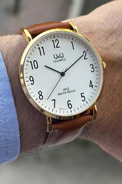 Q&Q Classic Men's Wrist Watch with Tan Leather Band and Numbers