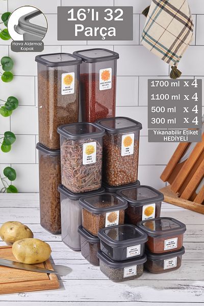 Home Eva 16-Piece 32-Piece Square Storage Set - Food and Pulses (0.30-0.50-1.10-1.70 Lt) with Labels
