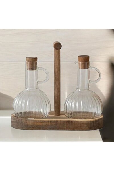 Muba Consept طقم وعاء زيت زجاجي بحامل أكاسيا - قطعتين وعاء زيت 300 مل