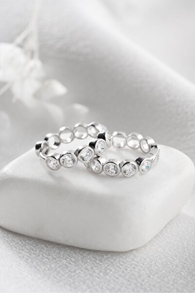 ESSARE 925 Ayar Gümüş Rodyum Kaplama 15 Mm Beyaz Taşlı Halka Küpe