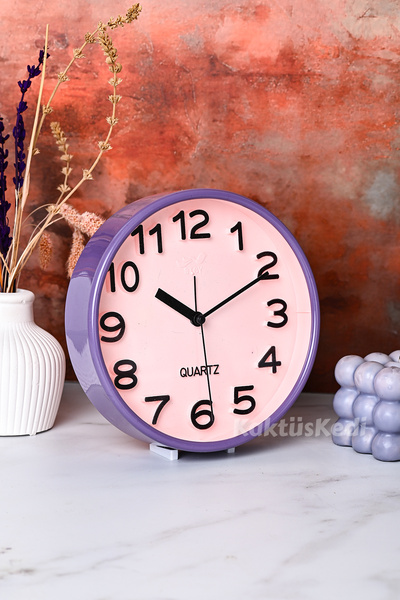 KaktüsKedi Pinky Yuvarlak Alarmlı Mor Masa Saati - Çalar Saat