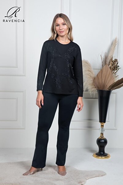 Ravencia Women's Middle-Aged and Above Covered Floral Print Stoned Embroidered Lycra Black Mother's Combed Cotton Blouse