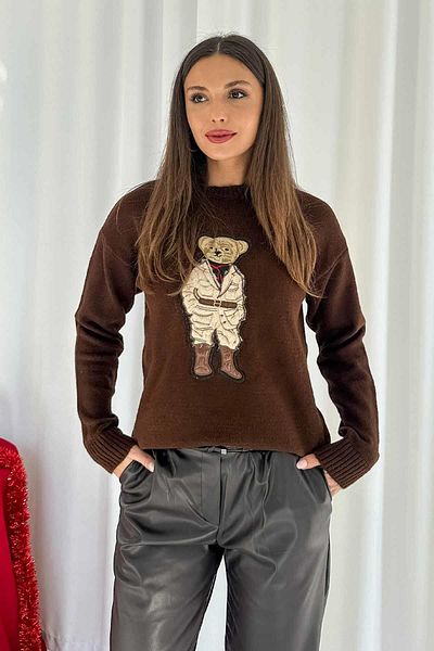 Mine Tan Butik Дамски плетен пуловер - Детайли с плюшено мече, Кафяв