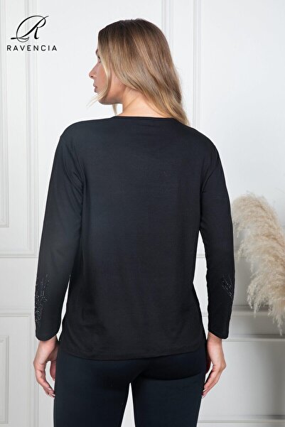 Ravencia Women's Middle-Aged and Above Covered Floral Print Stoned Embroidered Lycra Black Mother's Combed Cotton Blouse