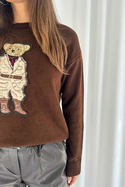 Mine Tan Butik Дамски плетен пуловер - Детайли с плюшено мече, Кафяв