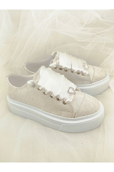 Ayakkabı Tutkusu Stilo ® Ivory Color Satin Lace up Bridal Sneakers for Brides Very Comfortable