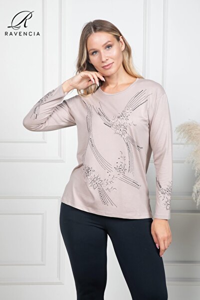 Ravencia Women's Middle-Aged and Above Covered Floral Print Stoned Embroidered Lycra Beige Mother's Combed Cotton Blouse