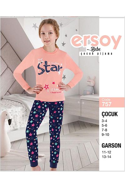 Ersoy Çocuk Giyim Girls' Sleepwear Set with Long Sleeve Cotton Sleeves and Cuffs
