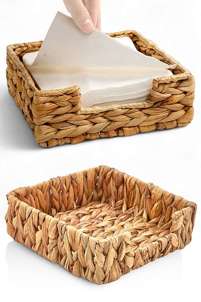 Deconox Natural Water Hyacinth Knitted Wicker Napkin Holder - Dining Table Top Paper (19 * 19 * 7cm)