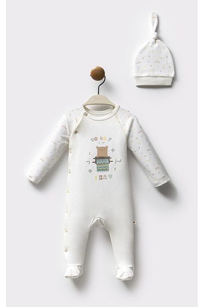 Moi Noi Baby Boy Overalls with Hat - 100% Organic Cotton, Teddy Bear Printed