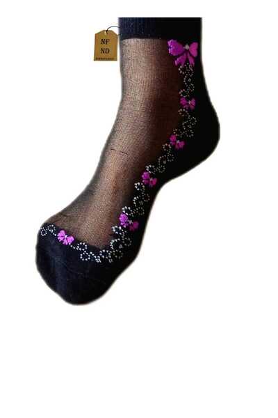 ENEFENDİ Лилави чорапи с флорален мотив от тюл, памук и еластан - къс маншет, удобни и еластични 36-40