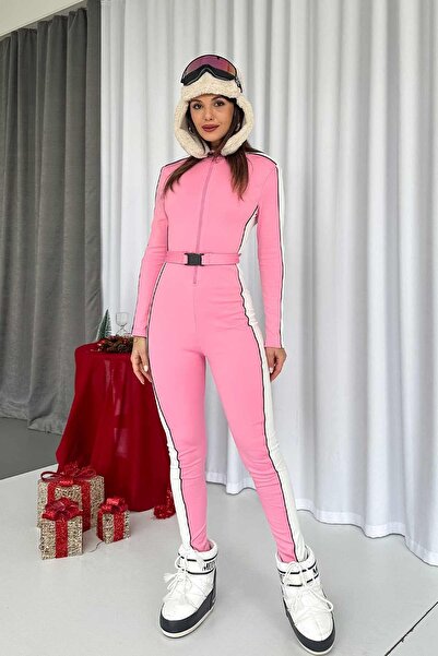 Mine Tan Butik Ροζ γυναικεία φόρμα σκι - με λεπτομέρεια ρίγες και ζώνη