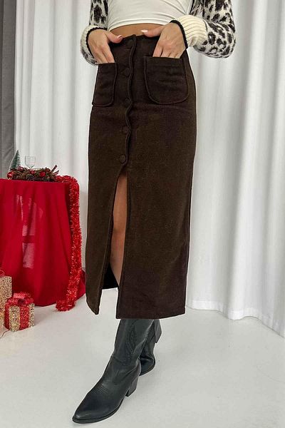 Mine Tan Butik Καφέ ραμμένη φούστα - Λεπτομέρεια με σκίσιμο