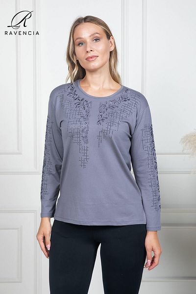 Ravencia Gray Floral Print Rhinestone Lycra Viscose Mother Combed Cotton Blouse for Middle-Aged and up