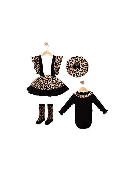 lullabee Leoparlı 4'lü Takım Kız Bebek - Şapka, Elbise, Uzun Kollu Body Zıbın...