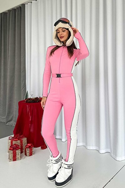 Mine Tan Butik Ροζ γυναικεία φόρμα σκι - με λεπτομέρεια ρίγες και ζώνη