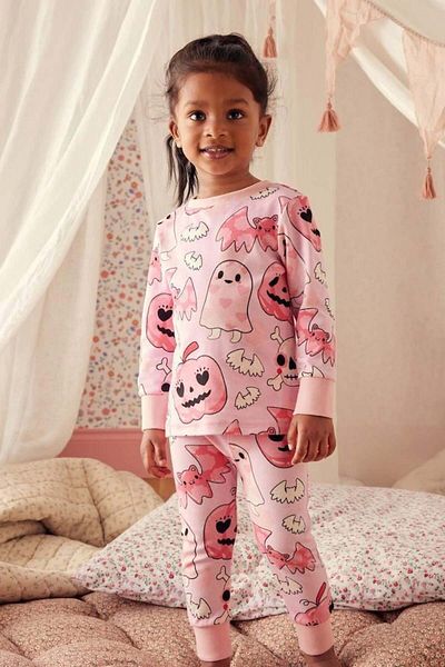 Magu Pink Patterned Cotton Sweatshirt Tracksuit Bottom-Top Pajama Set