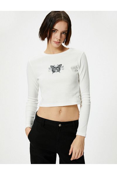 Koton Tricou cu mânecă lungă din bumbac, cu mânecă lungă, cu imprimeu cu nervuri