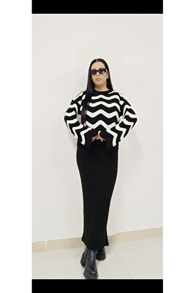 AKŞEN GİYİM Дамски пуловер със зигзаг и рокля без ръкави - 38-44 размери Комплект трикотаж