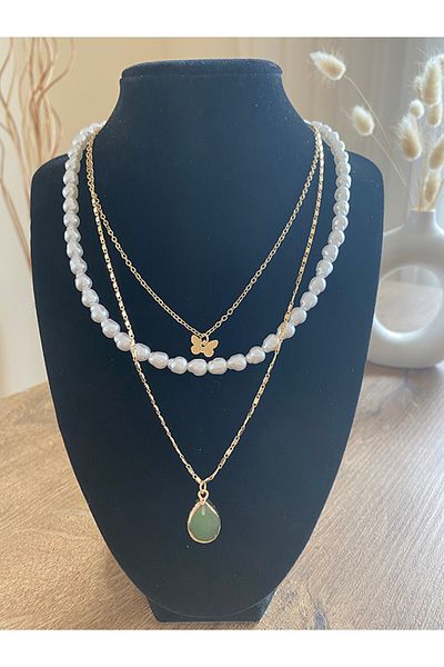 Store Green Stone Artificial Pearl 3 Layer Style Necklace