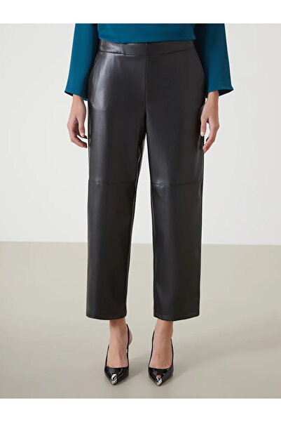 LC Waikiki Siyah Beli Lastikli Deri Görünümlü Kadın Pantolon