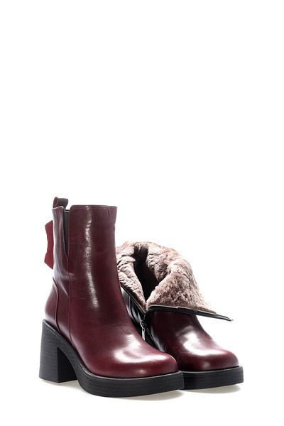 Ayakkabıhane Furry Inside and Genuine Leather Outside Burgundy Women's Thick Heeled Boots Ah0821711261065808