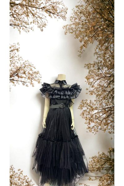Porça Girl's Collar Ruffle Detailed Belted Long Tulle Wednesday Evening Dress