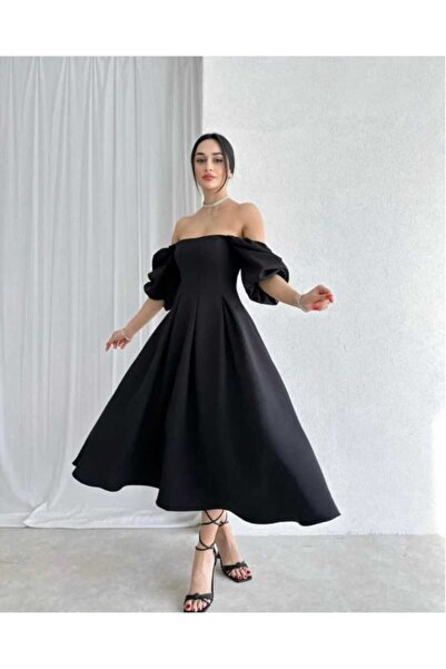 MODA DURAĞI Balon Kol Kare Yaka Pileli Midi Boy Elbise