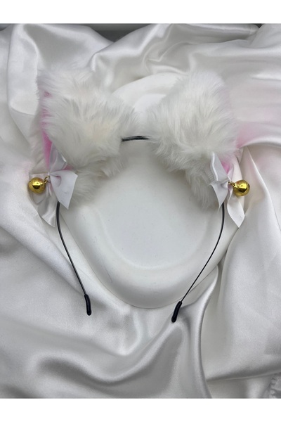 Yıldız Accessory Beyaz Kedi Kulağı Peluş Cosplay Yaramaz Saç Aksesuarı Çanlı ...