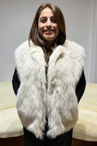 SYMPATHY Kadın Bej Yandan Cepli Premium Kürk Yelek