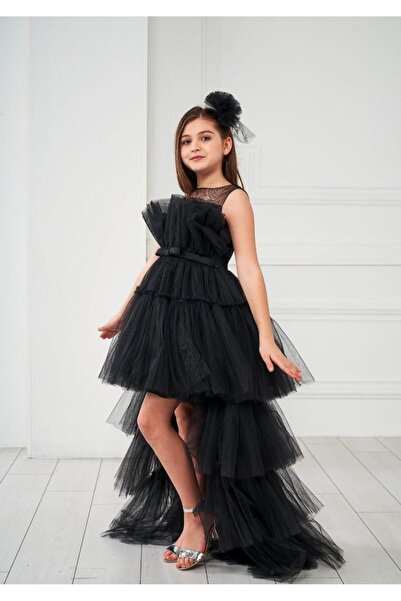 Porça Kız Çocuk Ön Kısa Arkası Uzun Tüllü Katlı Beli Fiyonklu Abiye