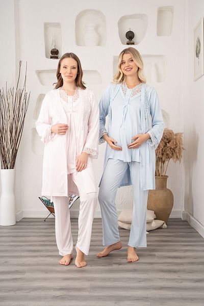 Pelin Set de 3 piese pentru femei, albastru, cu design special din dantelă, din bumbac, maternitate, maternitate