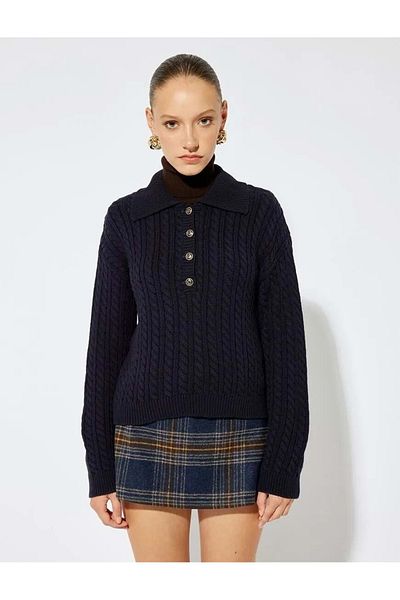Koton Women's Navy Blue Polo Sweater - Koton, Sima Tarkan, Hair Knit Texture 5Wak90498Ht