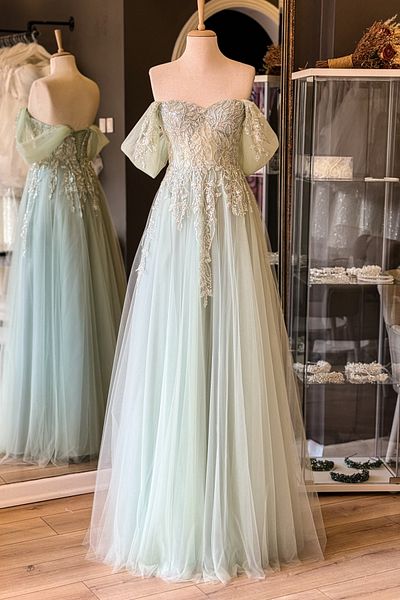 Lenta Moda Water Green Leaf Pattern Embroidered Evening Dress and Engagement Dress