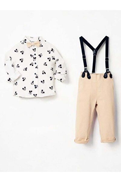 Zekids Set cămașă cu model pentru băiat și pantaloni cu bretele cu papion