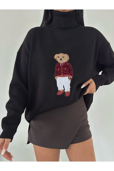 Lusin Pulover de damă negru oversize Teddy Bear oversize cu gât tricotat