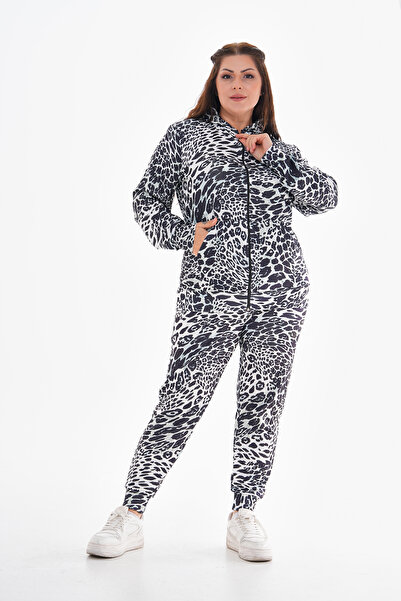 KIRIŞIK Kadın Leopar Desenli Büyük Beden Önden Fermuarlı Kapüşonlu Cepli  Scuba Esnek Kumaş Eşofman Takımı