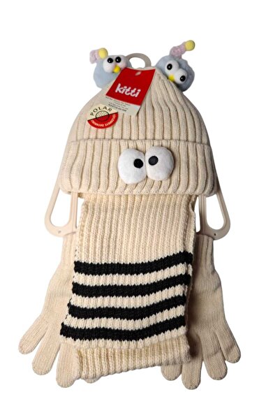 Kitti 4-8 Years Old Girl's White Set of 3 Scarf Beanie Gloves Set