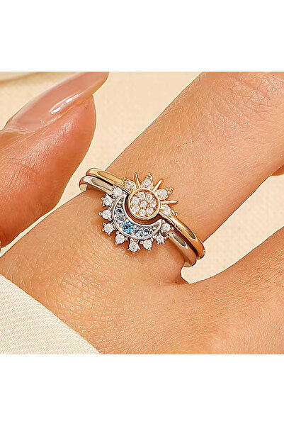 Eslem Aksesuar ikili Ay&Güneş çift arkadaş yüzük zirkon taşlı ayarlanabilir