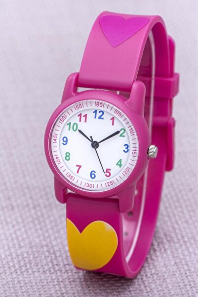 Saattino Fuşya Renk Kalpli Kız Çocuk Saati Silikon Kordon Analog Saat Hediyel...