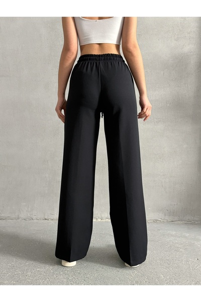 Lusin Dámské stylové žebrované proužky detailní černé kalhoty Palazzo prémiové kvality