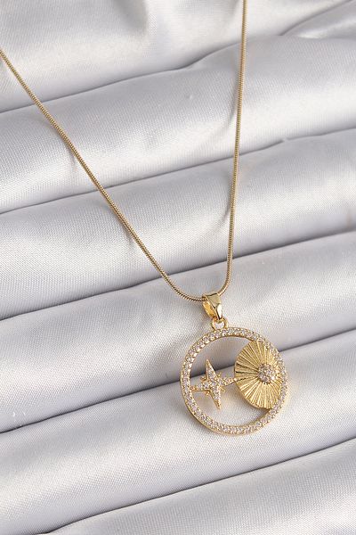 onixe 316L Steel Gold Color Chain Zircon Stone Star Engraved Medallion Model Women's Necklace