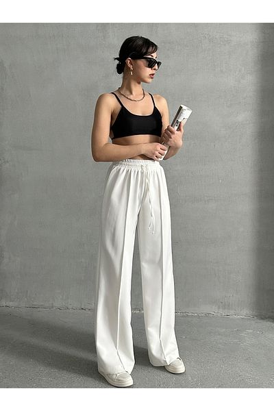 Lusin Women's Stylish Ribbed Line Detailed Premium Quality White Palazzo Pants